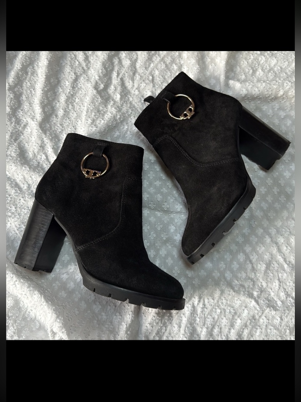 Tory Burch Sofia Lug Sole Black Suede Bootie size 8.5